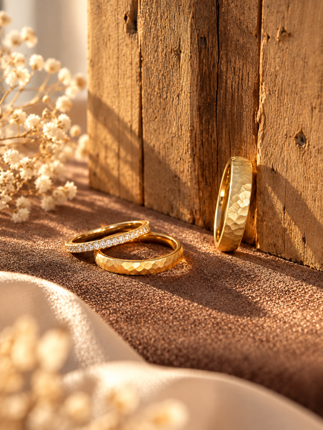 Trauringe in Gelbgold und Roségold auf Holz – Auswahl und Beratung bei La novia